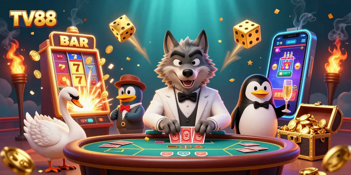 Engage in thrilling gameplay at TV88, where 3D characters celebrate big wins at a festive casino scene.