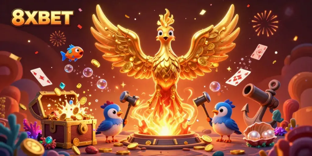Experience exhilarating gaming with 8XBET featuring a molten golden phoenix, emphasizing thrilling casino action.