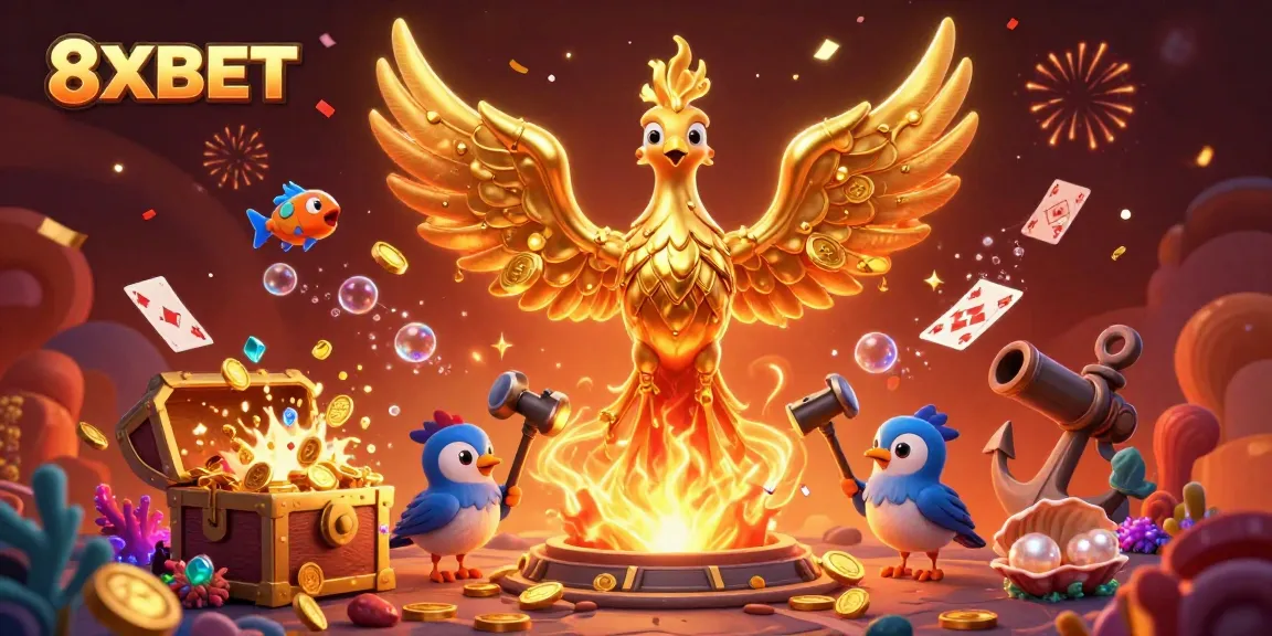 Experience exhilarating gaming with 8XBET featuring a molten golden phoenix, emphasizing thrilling casino action.