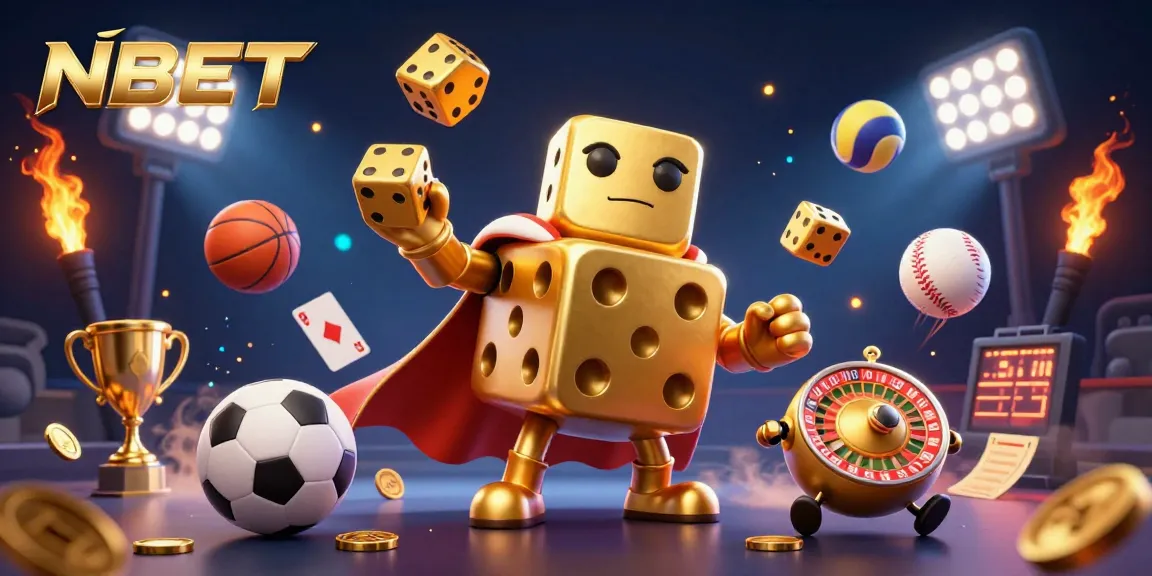 NBET showcases a vibrant and dynamic casino scene with golden dice and sports elements in action.