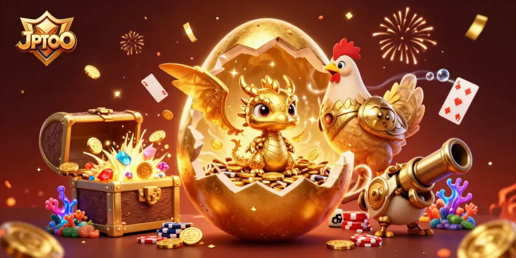 Experience JPTOTO's golden treasures in a vibrant casino scene filled with fortune symbols.