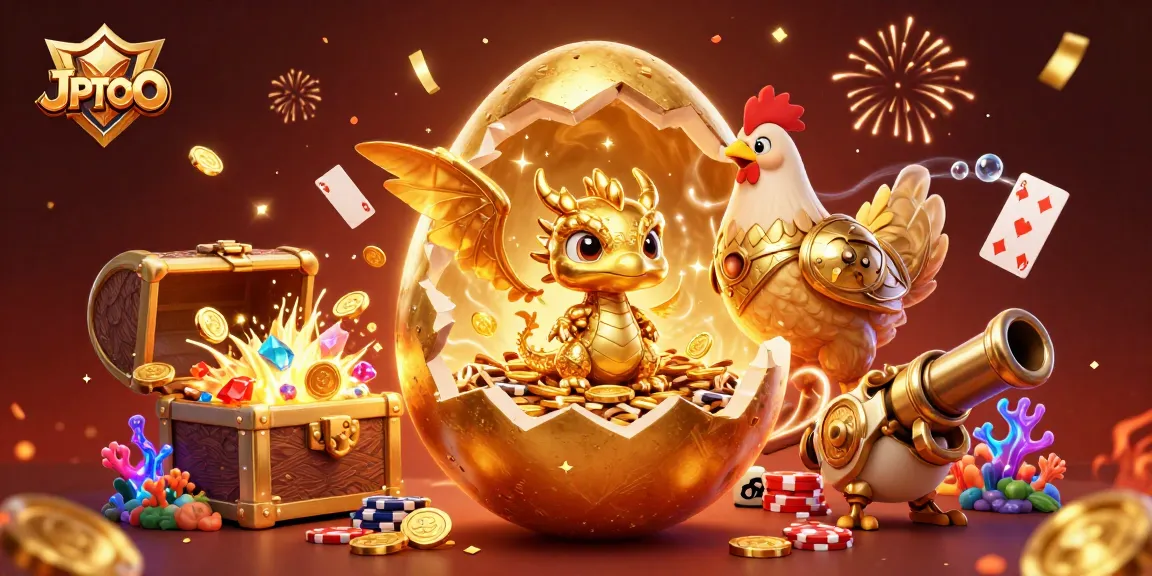 Experience JPTOTO's golden treasures in a vibrant casino scene filled with fortune symbols.