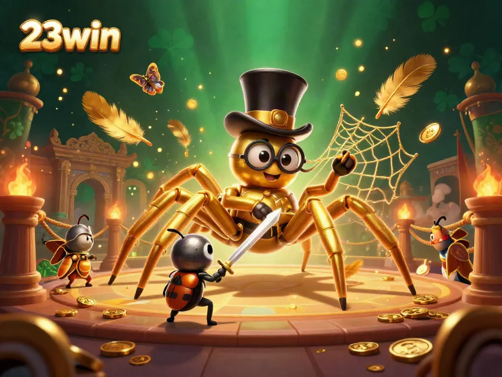 Experience excitement at 23win Casino with a golden tarantula and beetle knight in a dynamic gaming scene.