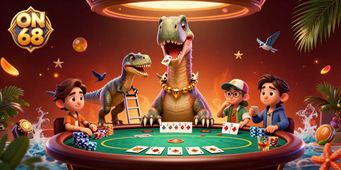 Engage with ON 68 featuring a brontosaurus above a poker table, vibrant casino scene filled with dynamic elements.