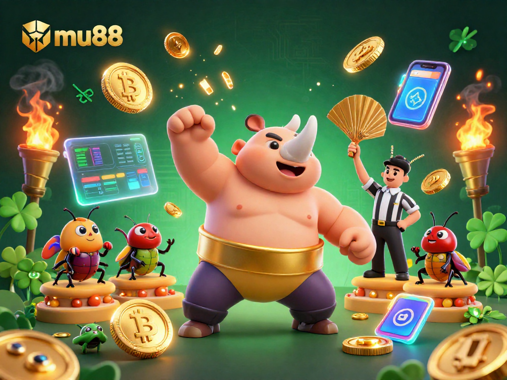 Experience the thrill of mu88 with a dynamic sumo beetle stomp throwing golden coins in an electrifying casino atmosphere.
