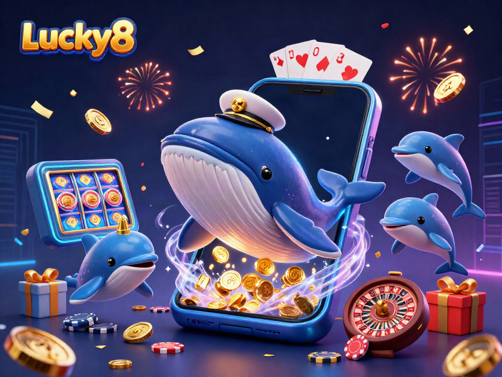 Experience gaming excitement with Lucky8's vibrant cartoon scene featuring a whale, narwhal, and dolphins amidst soaring coins.