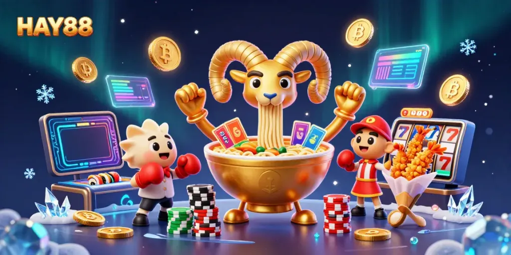 Engage with HAY88's thrilling casino experience in a vibrant 3D illustration of game elements.