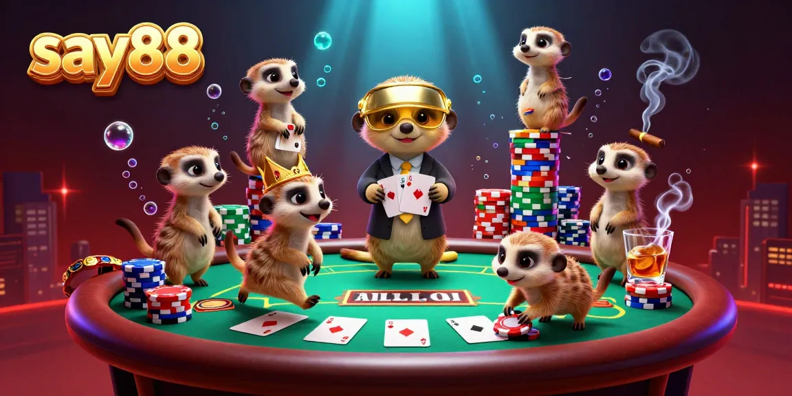Engage in thrilling casino action at say88 with meerkats operating a vibrant poker table.