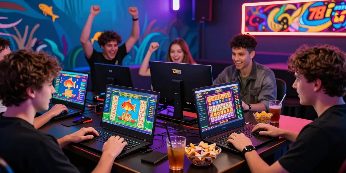 A lively gaming scene showcasing players accessing 78wind com, surrounded by vibrant graphics and celebrating friends, in an engaging online gambling environment.