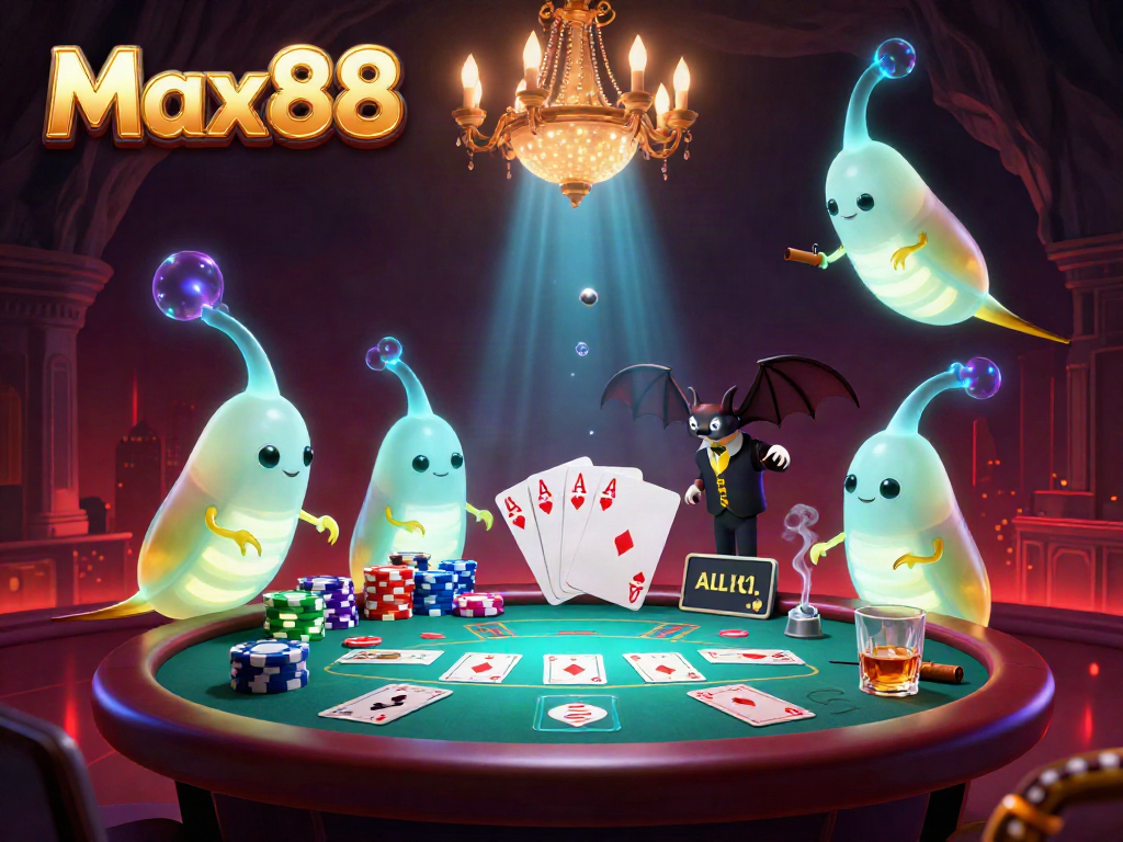 Max88 glowworms illuminate a vibrant cave casino scene, showcasing thrilling poker action.