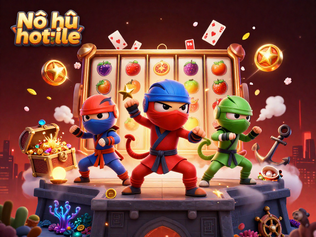 Nổ hũ hotline showcases ninja chameleons winning big, featuring vibrant slot reels and shimmering jackpots.
