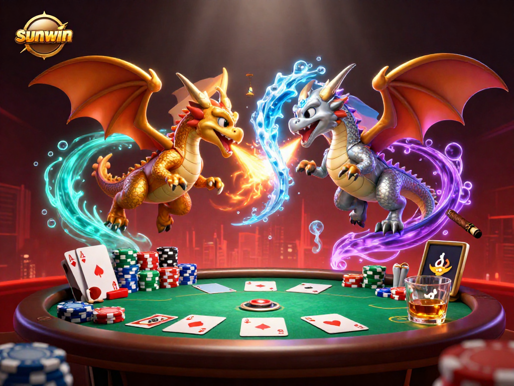 Engage in thrilling gameplay at sunwin with dynamic scenes featuring gold and silver dragons and poker elements.