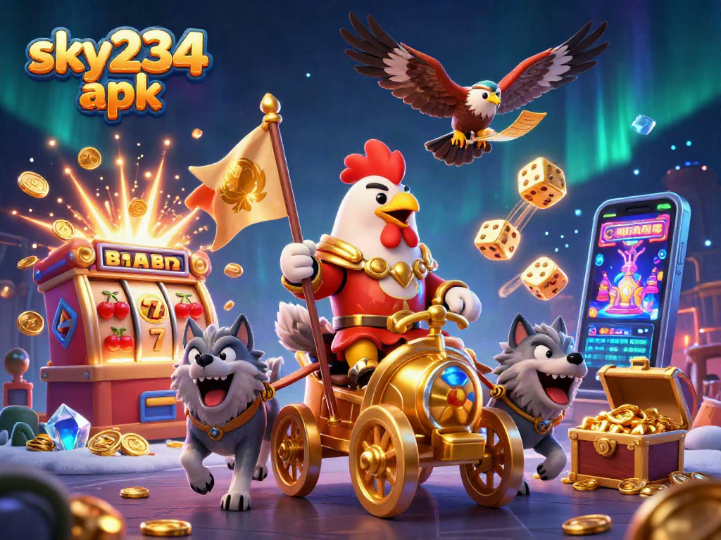 Engage with the thrilling sky234 apk experience, featuring cartoon rooster warlord amidst a jackpot scene.