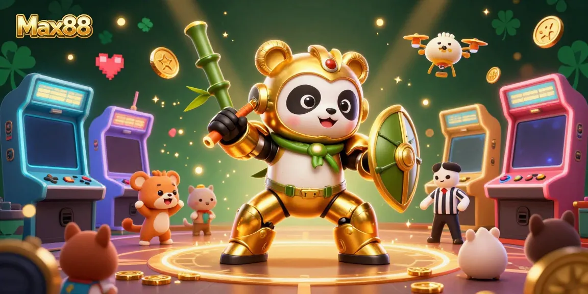 Experience the high-energy action at Max88 with the golden panda piloting a robot, surrounded by dynamic gaming elements.