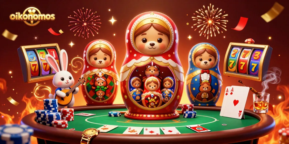oikonomos engaging in vibrant gaming at a colorful casino scene with playful characters