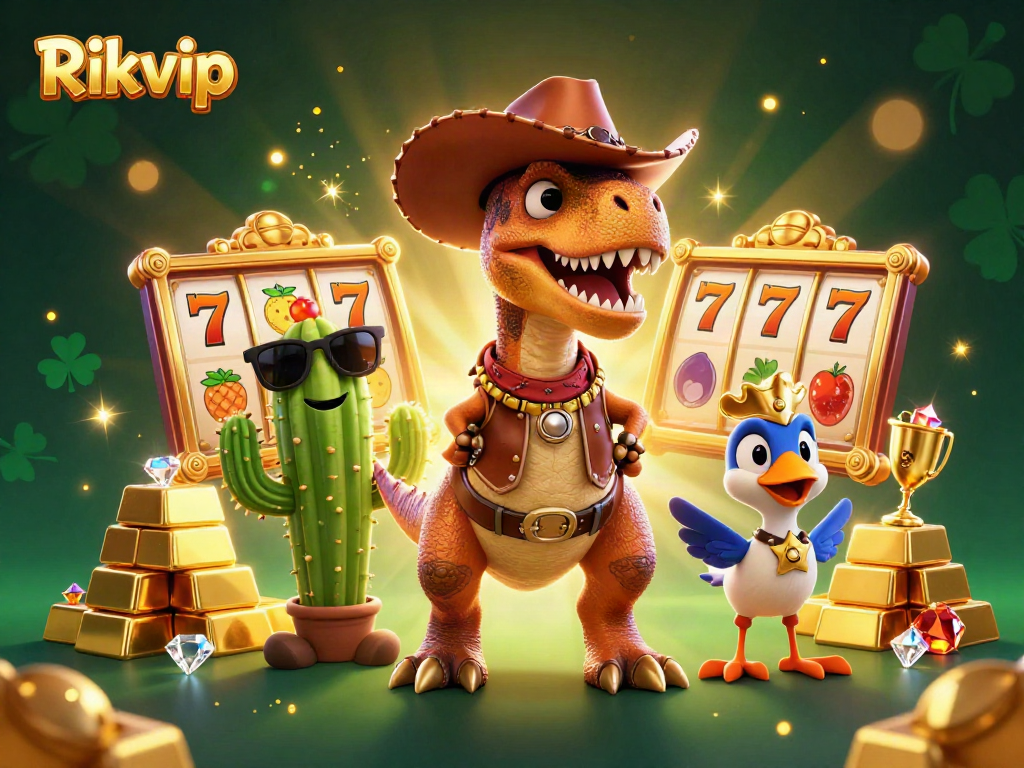 Join the fun at Rikvip with a dynamic illustration of a cowboy T-Rex and friends amidst slot machines and treasures.