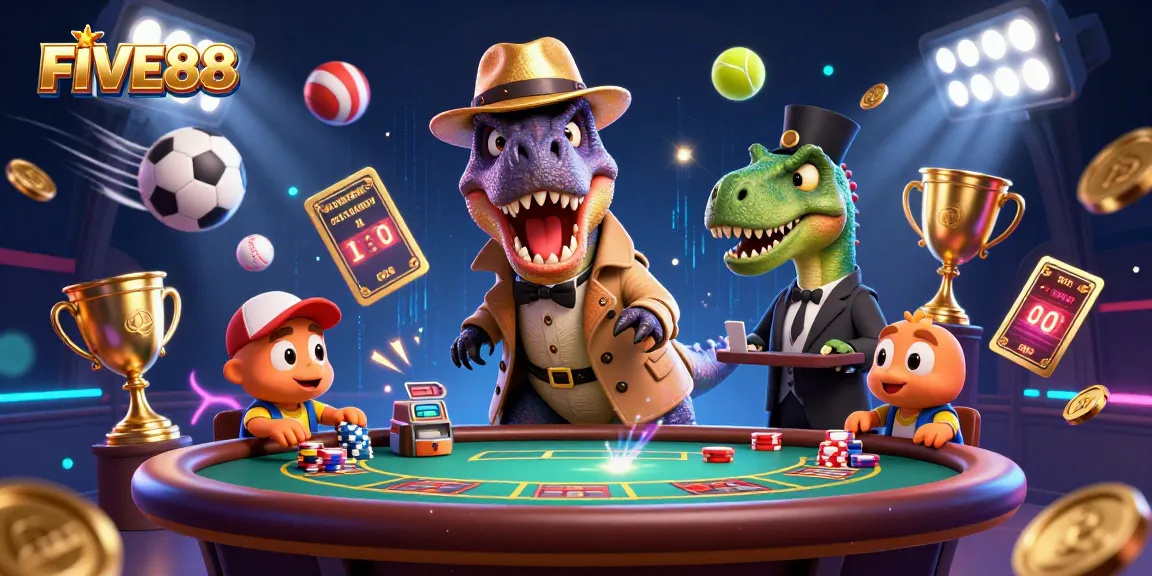FIVE88's vibrant illustration depicts a velociraptor card counter at a blackjack table with dynamic sports elements