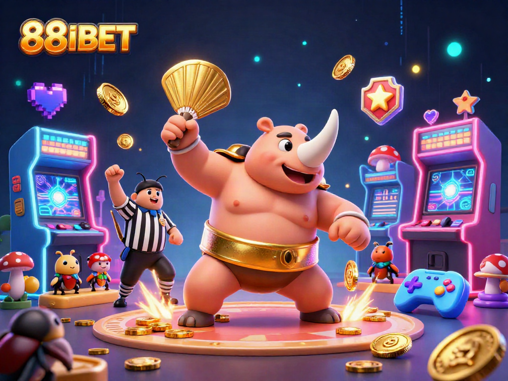 88IBET offers thrilling gaming action with a vibrant 3D casino scene featuring beetles and arcade elements.