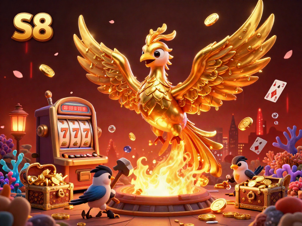 S8 provides thrilling gaming experiences with a golden phoenix and dynamic casino elements in a vibrant 3D scene.