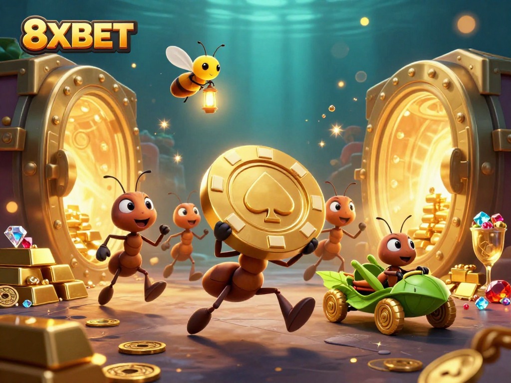 Ants and a grasshopper collaborate in heist-themed illustration promoting 8XBET casino excitement.