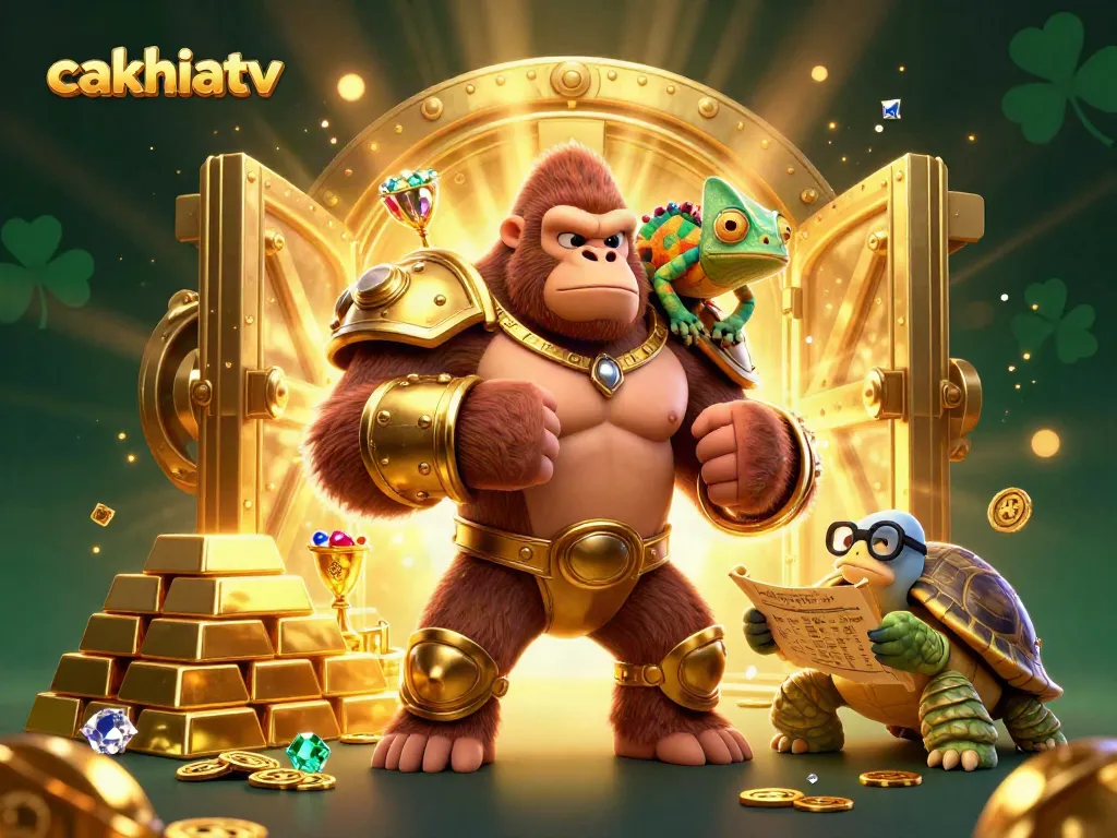 Experience thrilling sports betting action with Cakhiatv's vibrant gambling scene featuring a powerful gorilla and treasures.