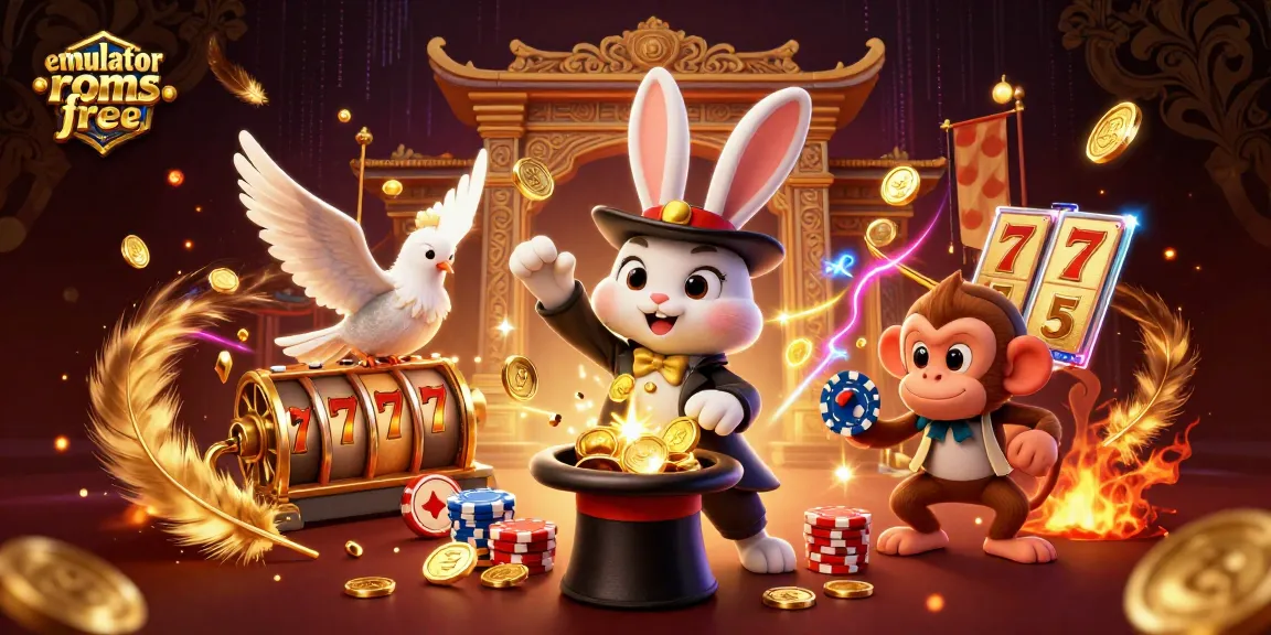 Play exciting emulator roms free with a magical 3D casino scene featuring a rabbit, dove, and monkey.