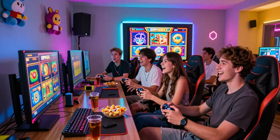 Exciting gaming experience on oppa86 situs with friends enjoying colorful slot games and vibrant atmosphere.