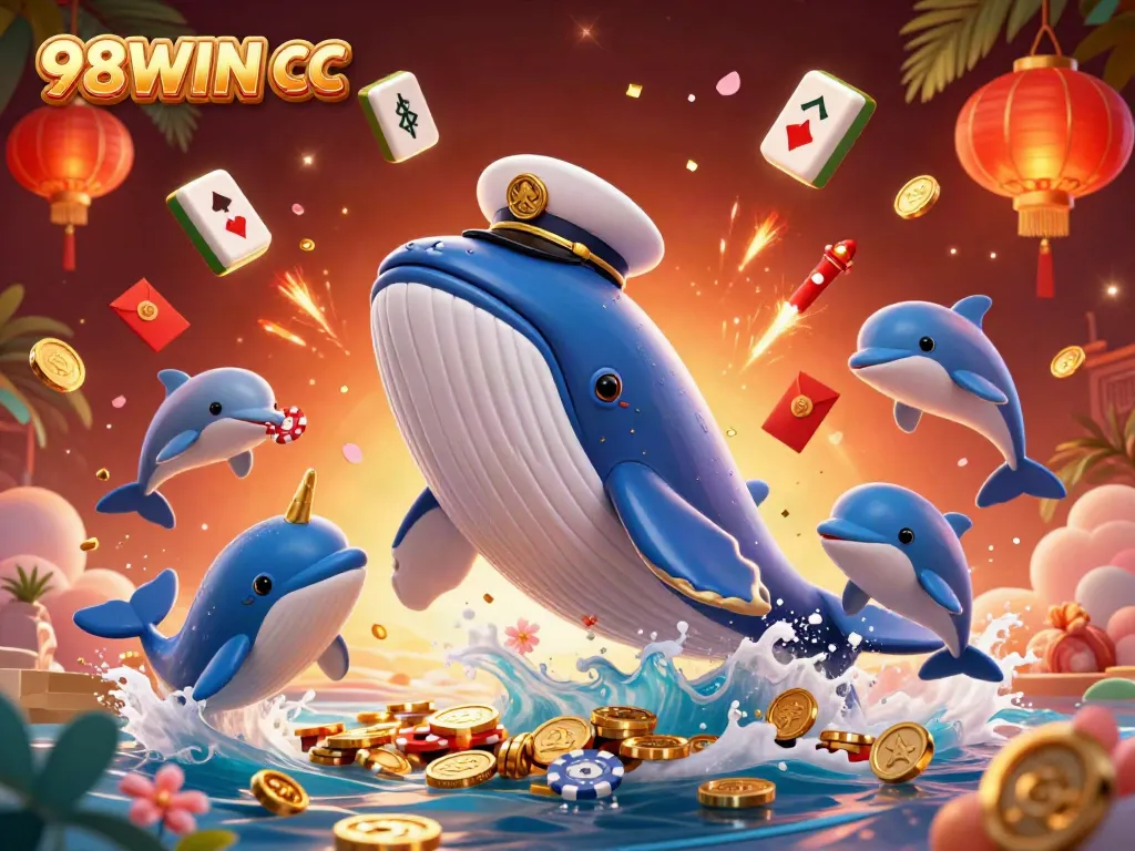 Experience the vibrant gaming world of 98WIN CC with a captivating 3D illustration featuring whimsical characters and Casino elements.