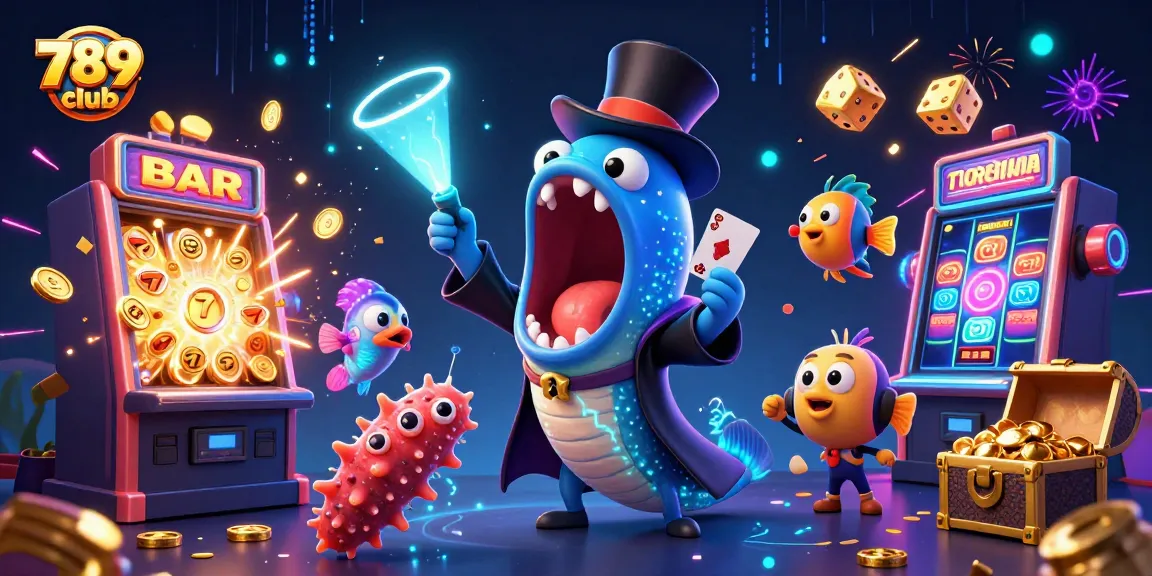 Catch vibrant casino action with 789 club, showcasing undersea characters performing magic tricks in a lively gaming scene.