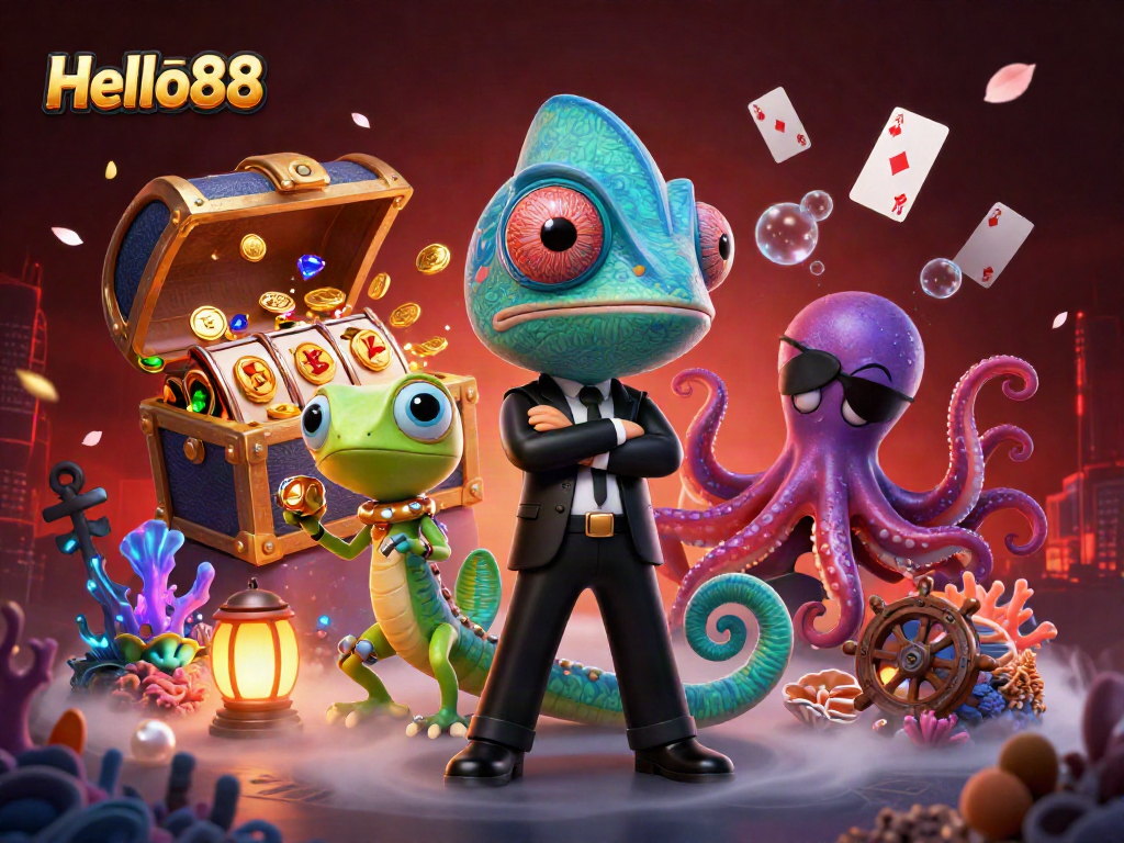 Engage with Hello88 through a vibrant 3D casino scene featuring dynamic characters and gaming elements.