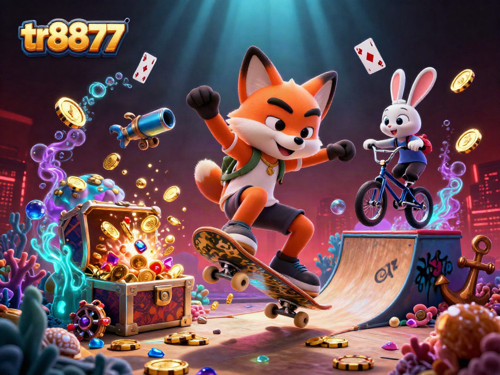 tr8877 showcases 3D cartoon characters in an energetic casino scene with poker chips, gold coins, and bioluminescent effects.