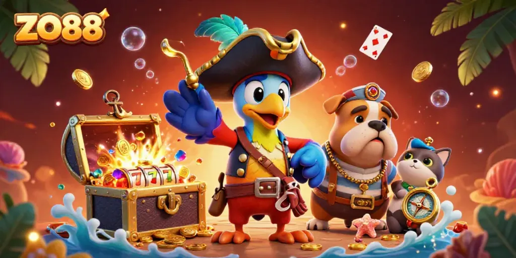 Spin to win with ZO88 in a vibrant, action-packed pirate-themed casino scene