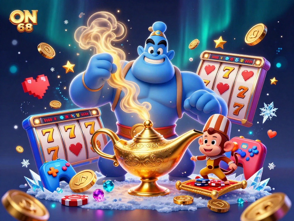 Play slots and win with ON 68 at this vibrant 3D casino-inspired illustration featuring a genie.