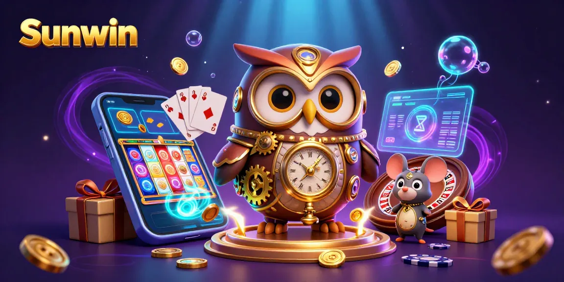 Experience the thrill of Sunwin with vivid 3D casino games and animated characters in an engaging illustration.