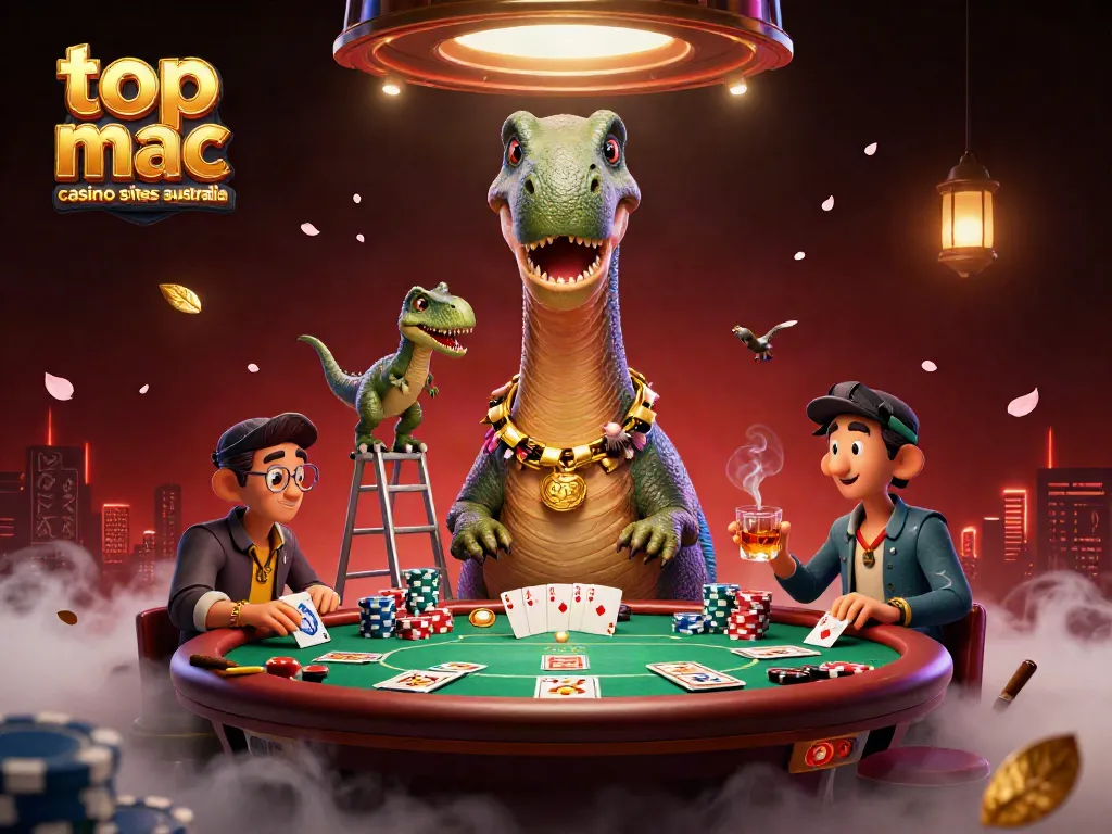 Experience the thrill of top mac casino sites australia with a vibrant 3D casino scene featuring fun dinosaur characters.