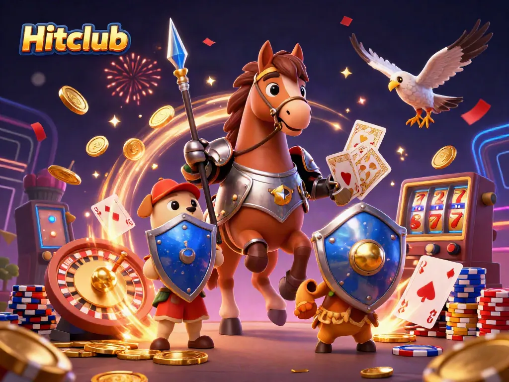 Hitclub offers thrilling gameplay with vibrant casino elements showcasing coins, roulette, and lively characters