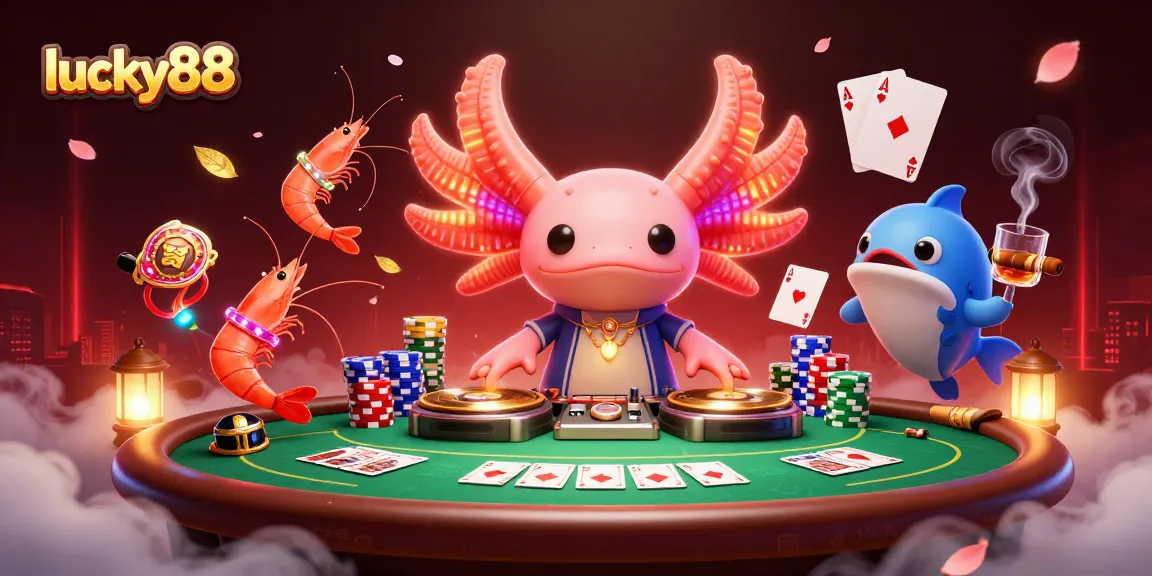 Engage with lucky88's vibrant casino scene featuring a DJ axolotl and poker action.