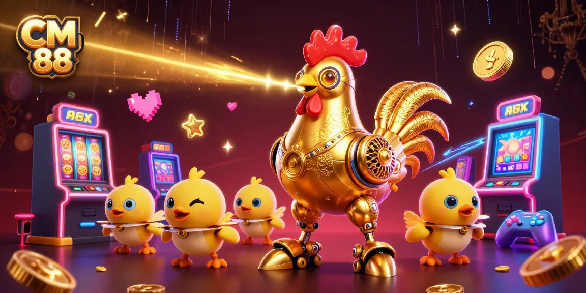 Experience the excitement of CM 88 with a colorful, dynamic casino scene featuring a golden rooster and game elements.