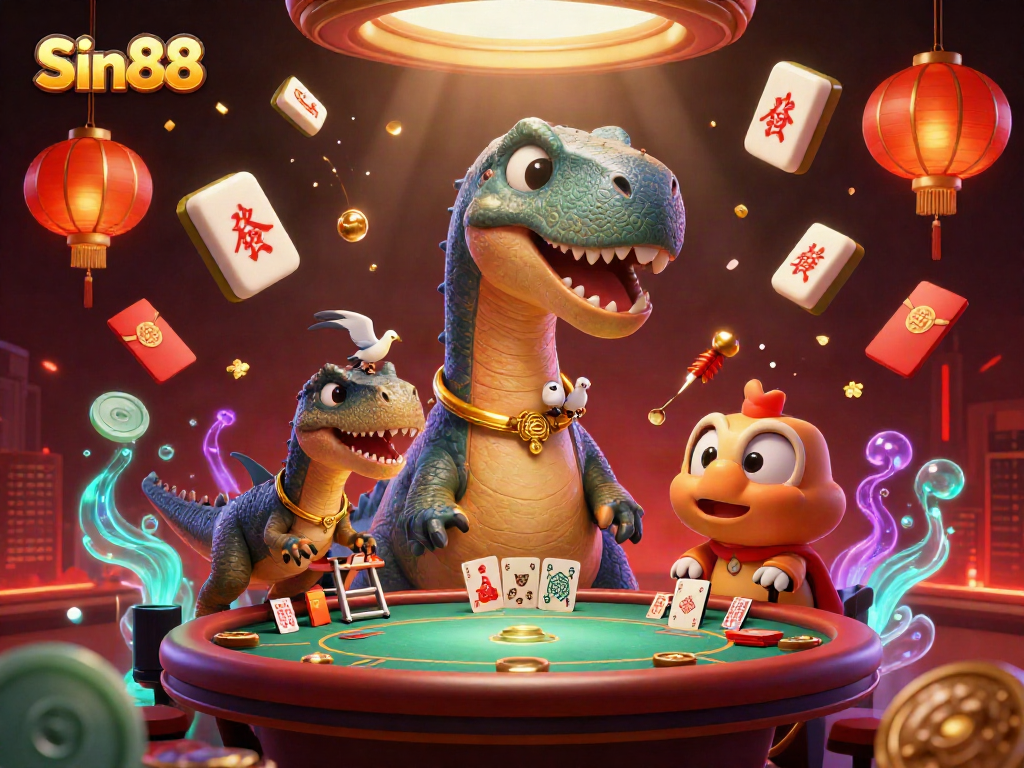 Sin88 casino illustration with a colossal brontosaurus overseeing a poker game, vibrant gaming elements abound