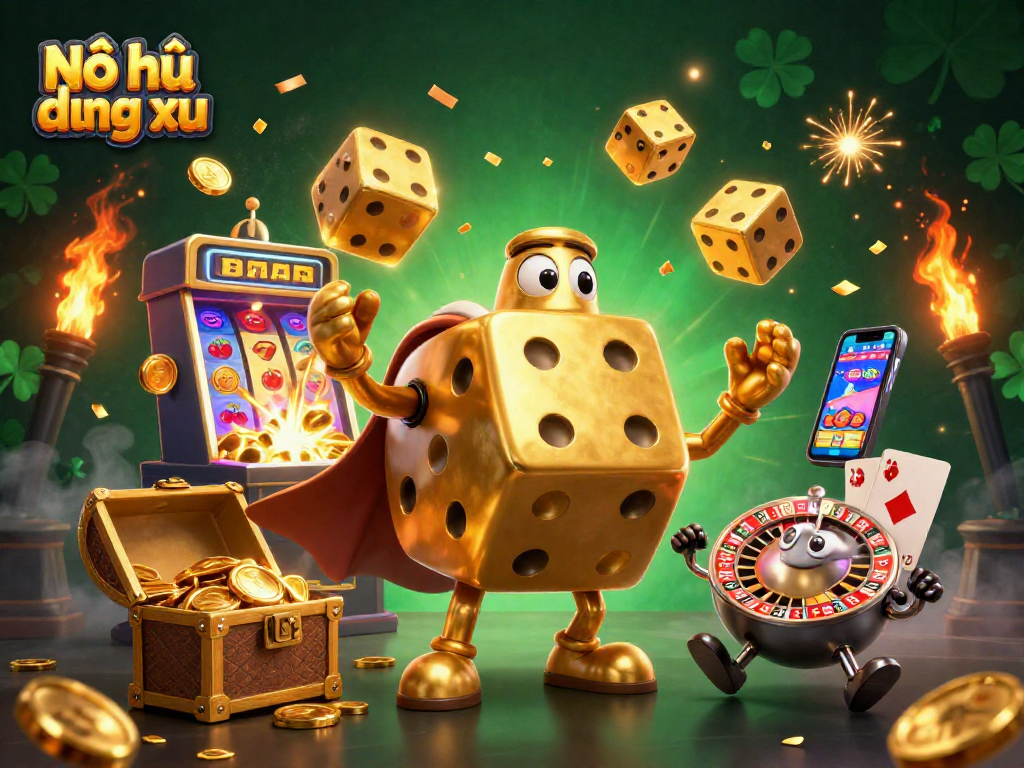 Nổ hũ tung đồng xu gameplay featuring a dynamic dice golem and explosive slot machine elements.