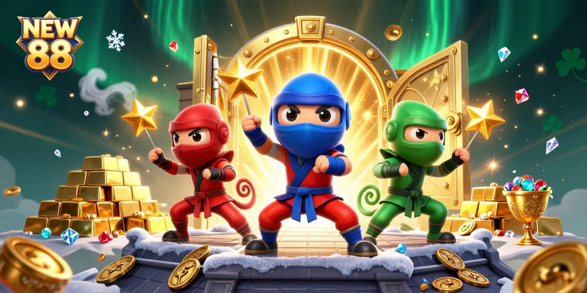 Experience exciting gameplay with NEW 88 as ninja chameleons showcase martial arts amidst gold treasures.