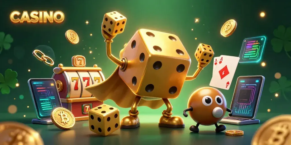 Engaging CASINO illustration of a golden dice golem juggling dice amidst thriving game elements.