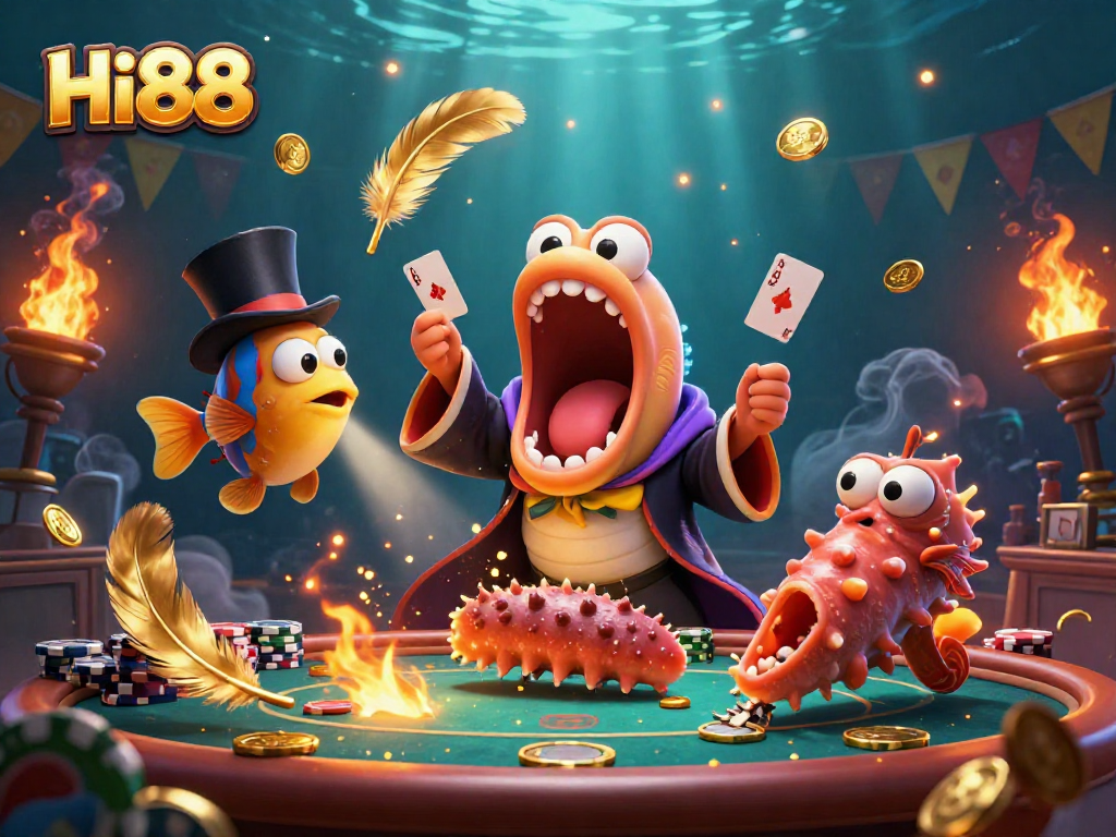 Experience thrilling poker action with Hi88's animated underwater scene featuring unique marine characters.
