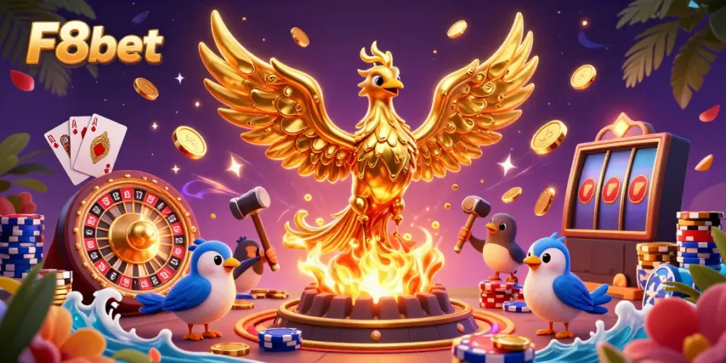Experience the thrill of F8bet in this vibrant casino illustration featuring a golden phoenix and gaming elements.