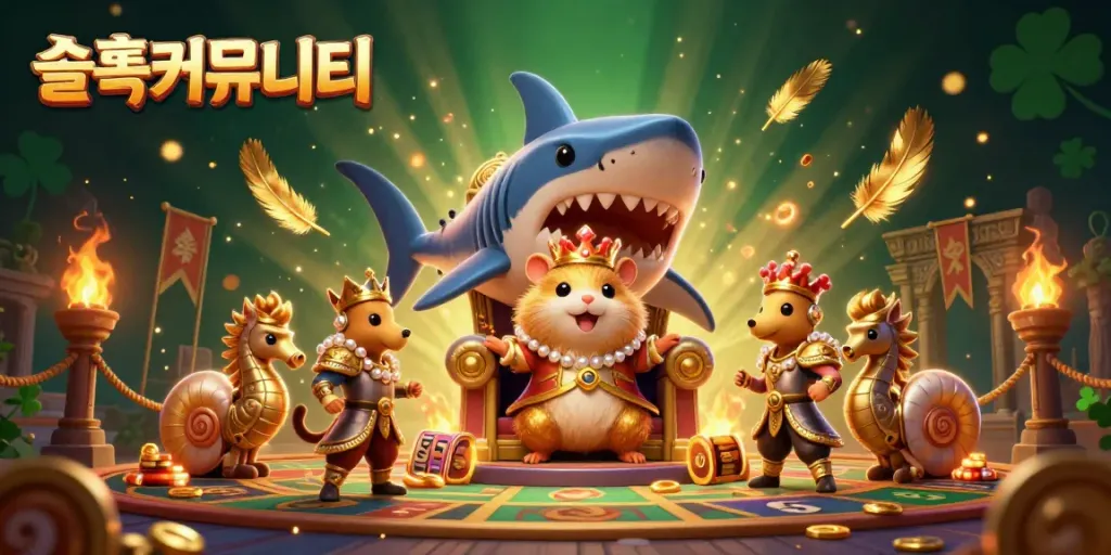 Engage with the vibrant 슬롯커뮤니티 scene filled with dynamic casino elements, showcasing a lively hamster king and seahorse guards.