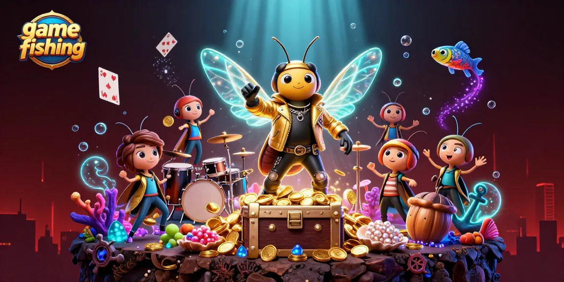 Experience game fishing excitement with a vibrant scene of underwater treasures and animated rock band.