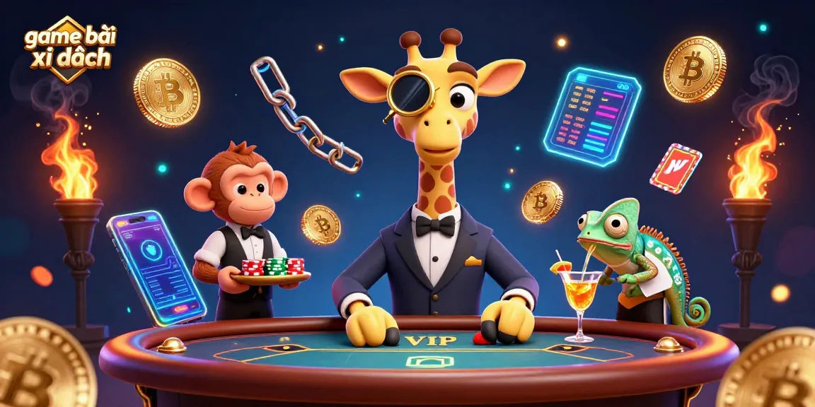 Engage with game bài xì dách in a vibrant casino scene featuring a high-roller giraffe and monkey valet.