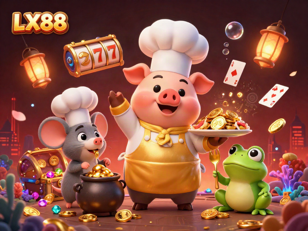 Chef pig serves gold coins in a vibrant LX88 casino-themed underwater scene.