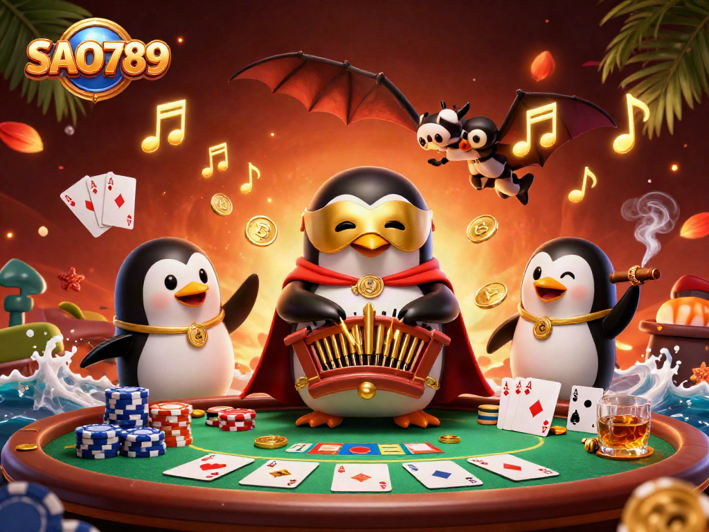 SAO789 brings excitement to the table with poker chips and a golden-masked penguin playing for real rewards.