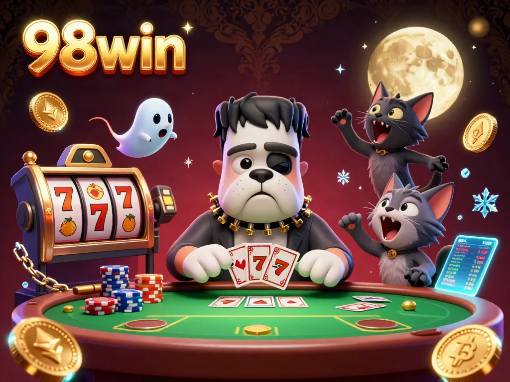 Join the 98win casino adventure with a unique haunted casino scene featuring dynamic characters and gambling elements.